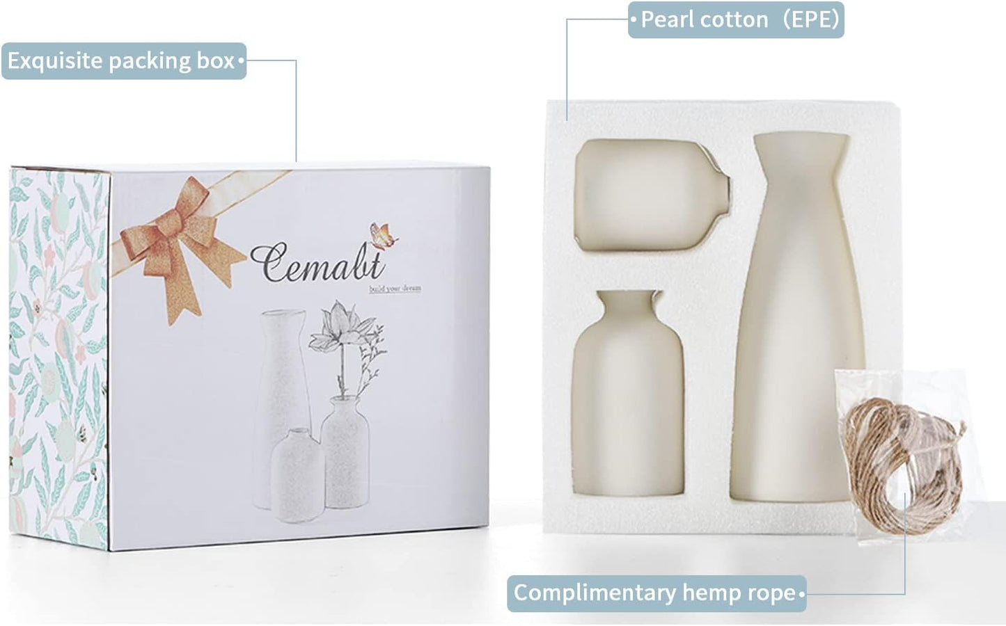 CEMABT White Ceramic vase Set-3 Small Flower vases for Decor,Modern Boho Farmhouse Home Decor,Decorative vase for Pampas Grass&Dried Flowers,idea Shelf,Table,Bookshelf ,Entryway- Distresse
