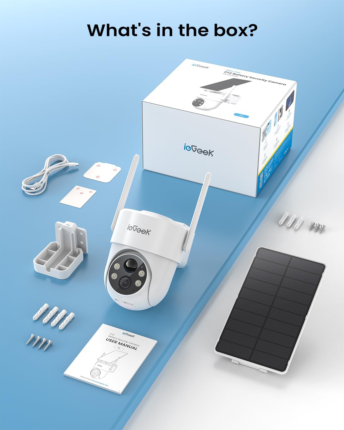 ieGeek 2K Security Cameras Wireless Outdoor, with Adjustable&Removable Solar Panel, 360°PTZ, Color Night Vision, 2.4G WiFi Camera Surveillance Exterieur, Smart Motion Sensor, Light&Siren,Work w/Alexa