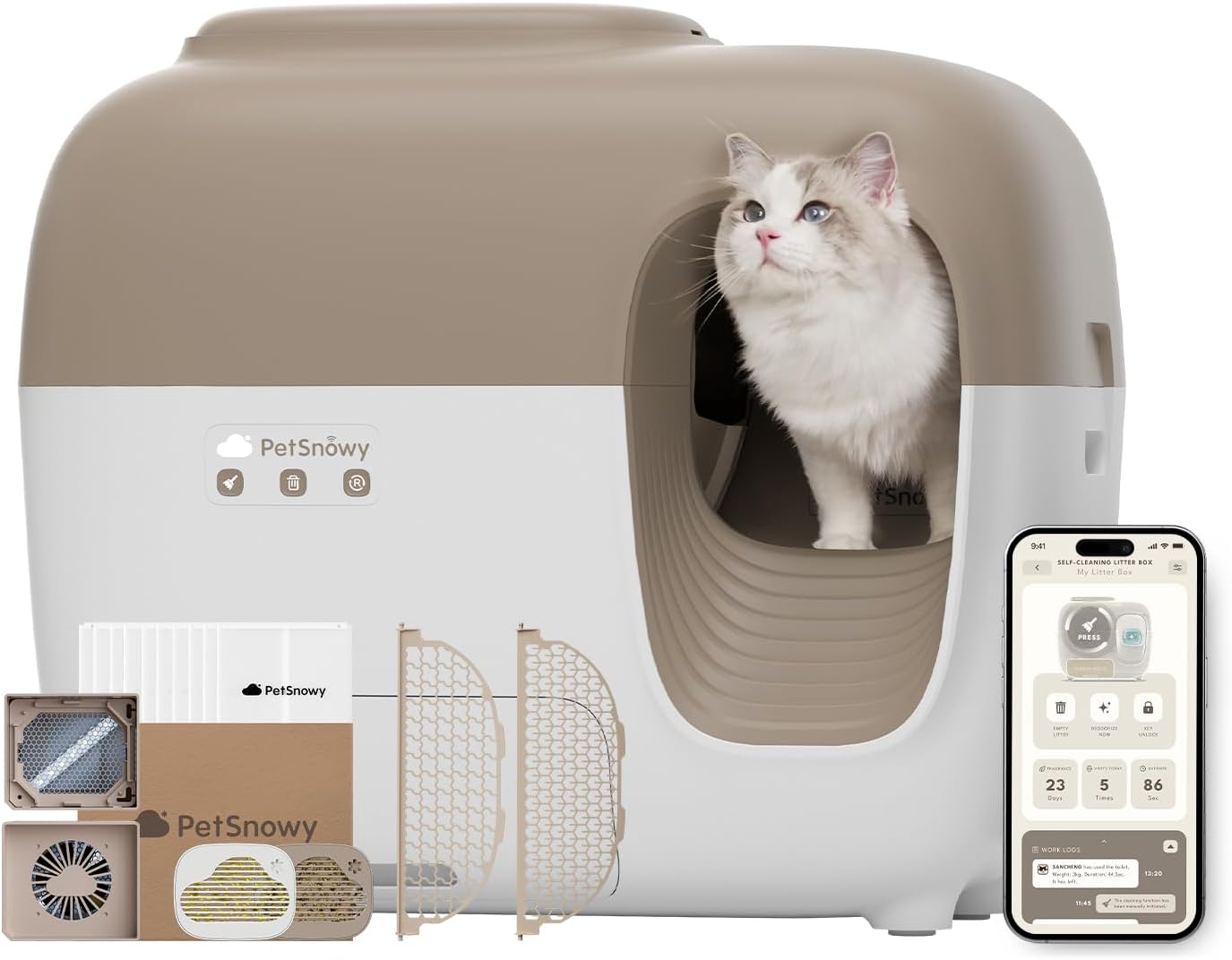 PetSnowy (Premium Version) Snow+ Self Cleaning Litter Boxes for Cats 3.3-20 lbs Zero Smell Zero Litter Tracking Waste Auto-Sealing Easy Cleanup Automatic Cat Litter Box Self Cleaning