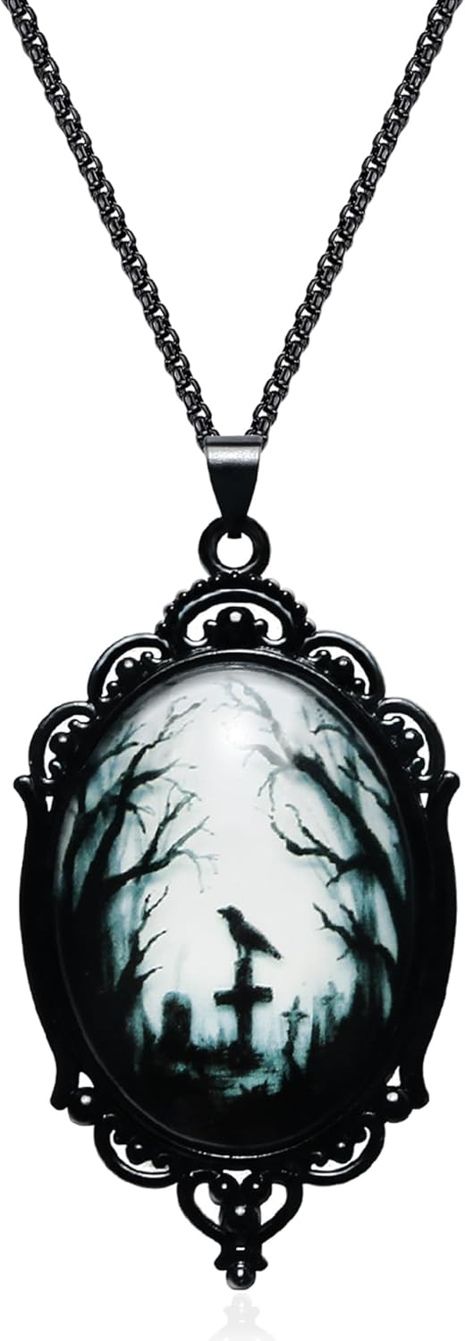 Gothic Necklace as Goth Accessories for Halloween Costume Jewelry for Women, Gothic Jewelry Witch Necklace as Black Choker Goth Gifts, Raven Vampire Pendant as Punk Grunge Accessories Halloween Gifts - PuriLite