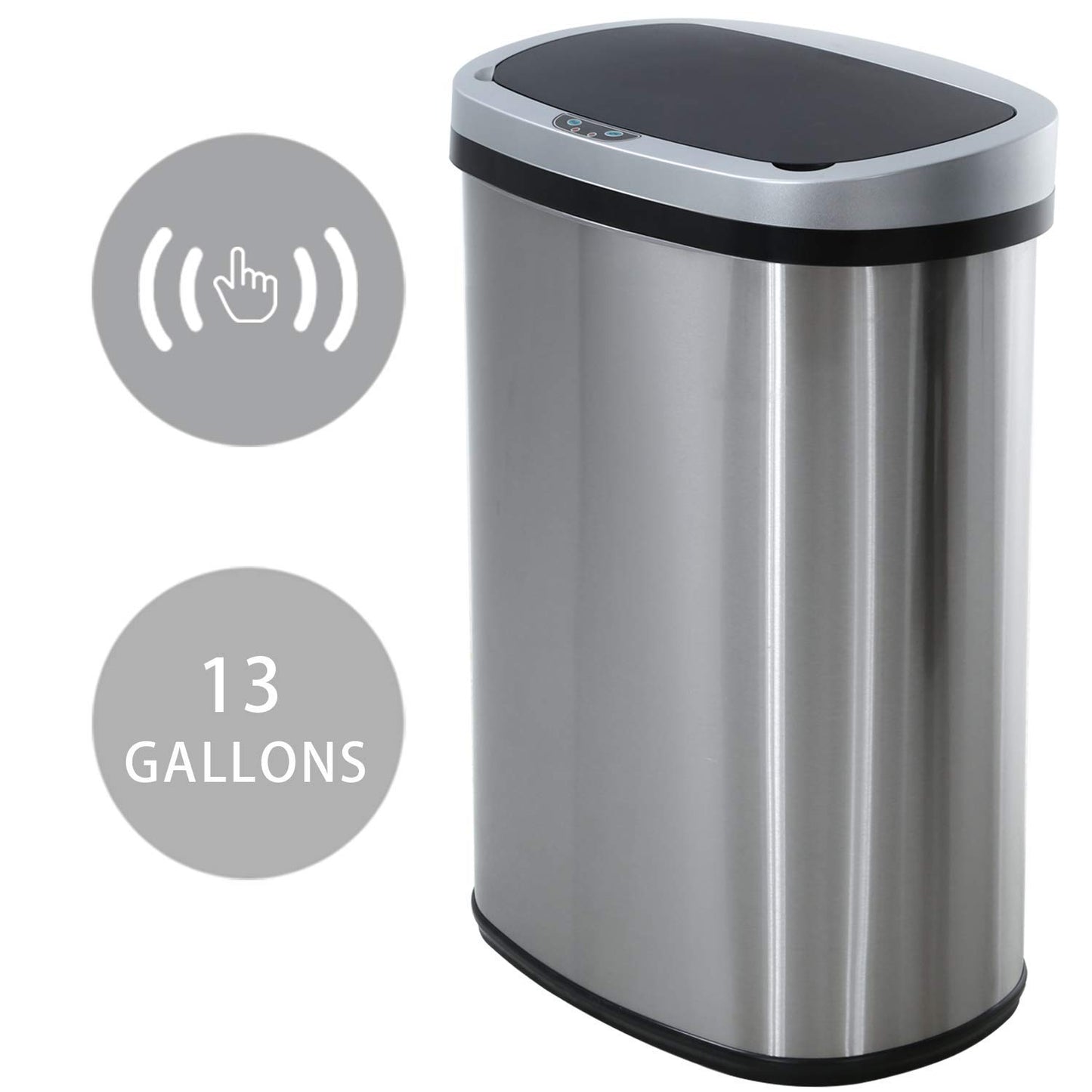 13 Gallon Sensor Garbage Can Stainless Steel Kitchen Garbage Can with Lid Antomatic Garbage can for Kitchen Office Bedroom Bathroom Living Room,Black