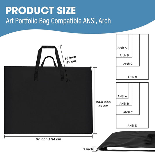 ZKOO Large Size Art Portfolio Bag, Light Weight Art Canvas Portfolio Case with Nylon Shoulder Strap, Carrying Storage Case for Artwork, Poster, Sketching, and Drawing (24"*36"-Black)