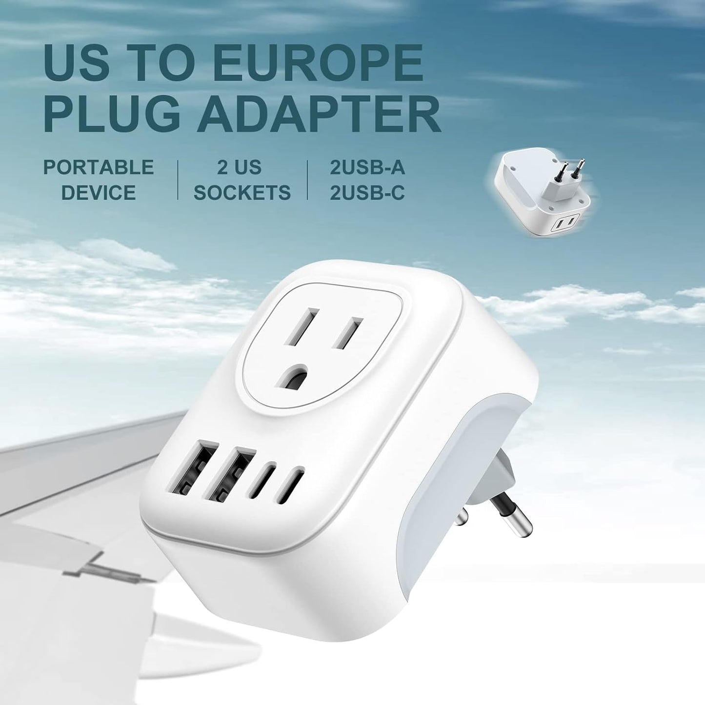 2 Pack European Travel Plug Adapter, VYLEE International Travel Adapter with 2 Outlets 4 USB Ports(2 USB C), 6 in 1 Type C Travel Essentials Charger for US to Most of Europe EU Italy Spain France