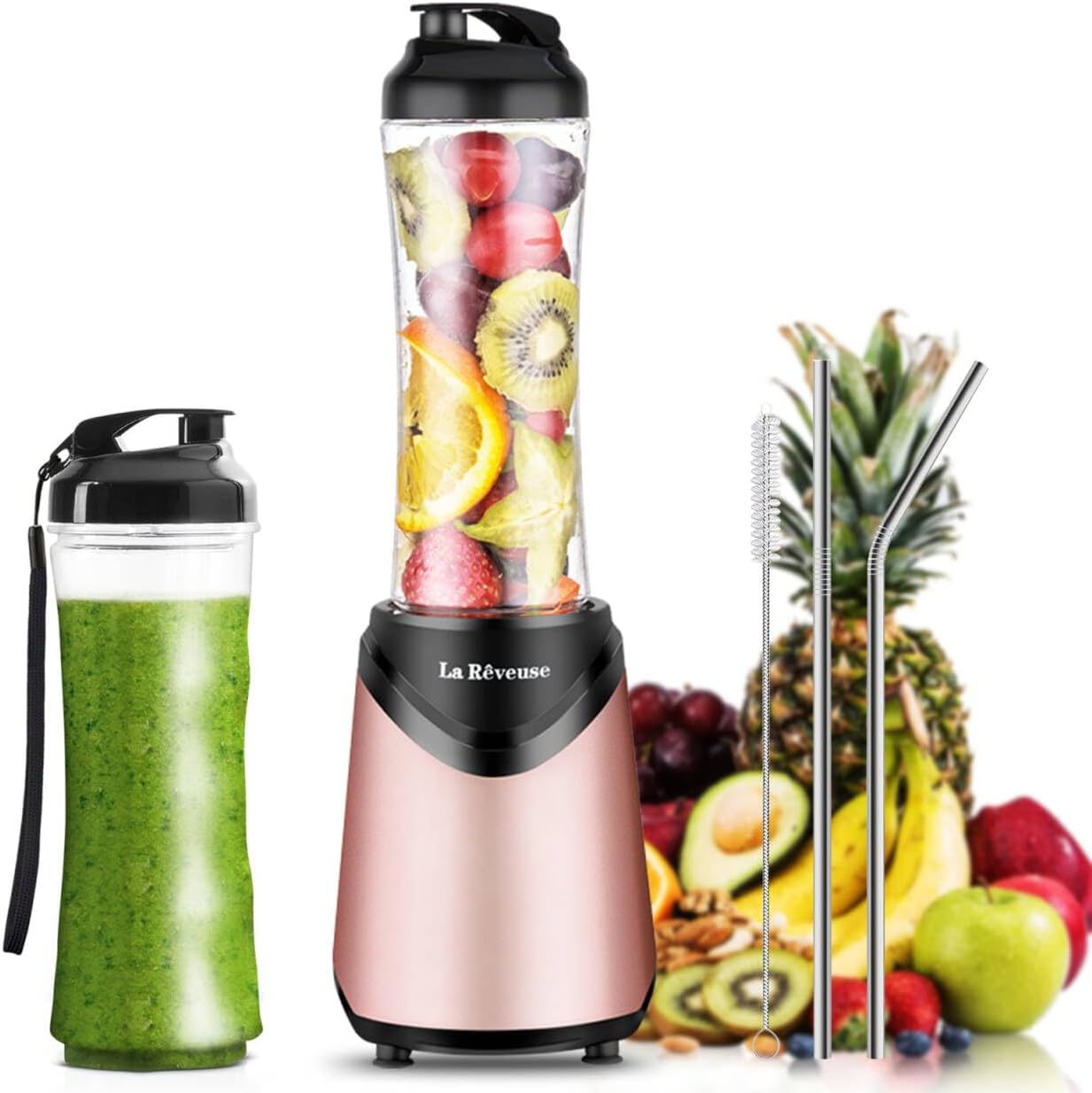 La Reveuse Smoothies Blender Personal Size 300 Watts with 2 Pieces 18 oz BPA Free Portable Travel Sports Bottles (Silver 2 Cups)