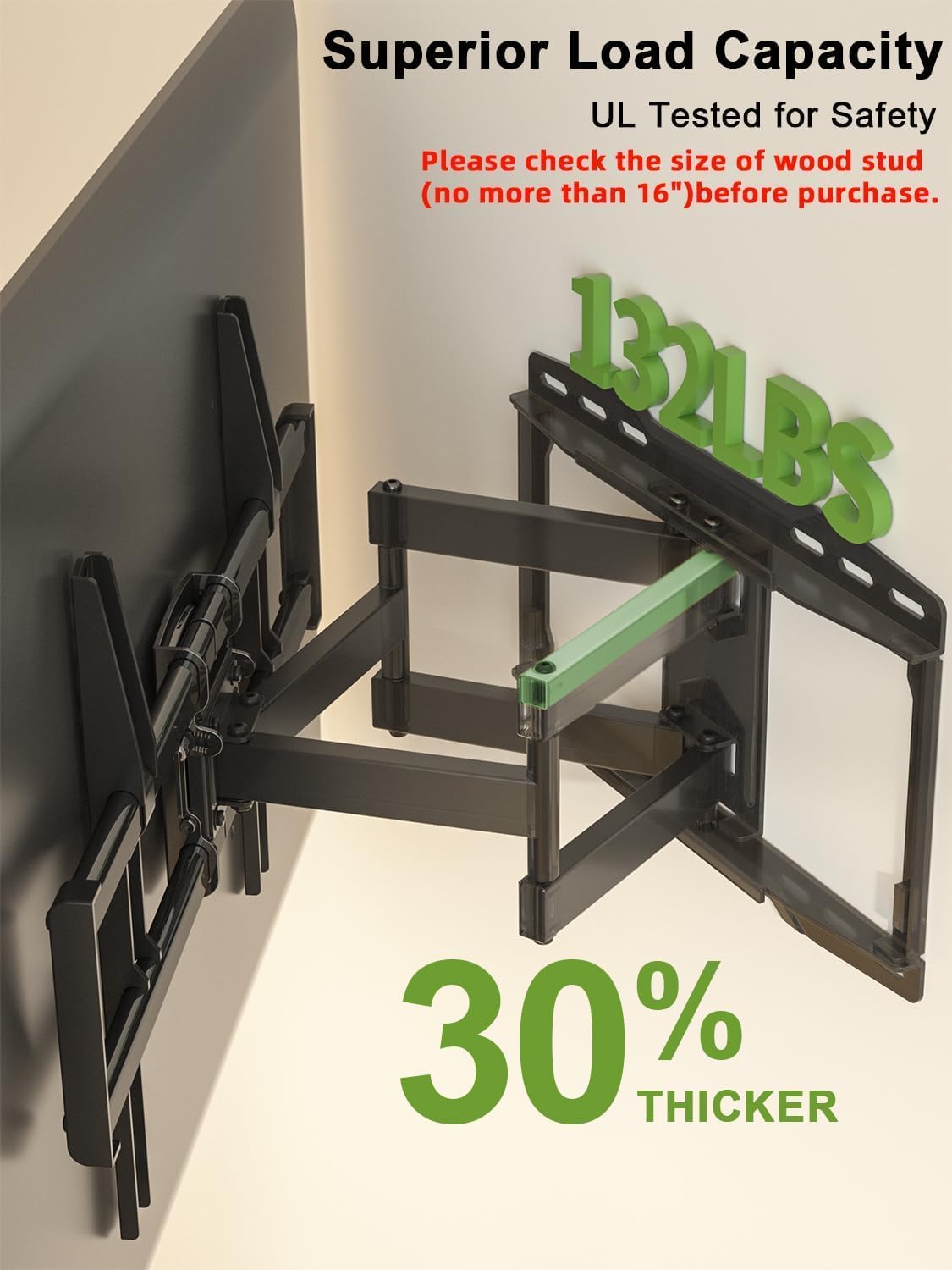 USX Mount UL Listed Full Motion TV Wall Mount for Most 37-86 inch TV, Swivel and Tilt Mount with Dual Articulating Arms Up to 132lbs, VESA 600x400mm, 16" Wood Studs, XML019