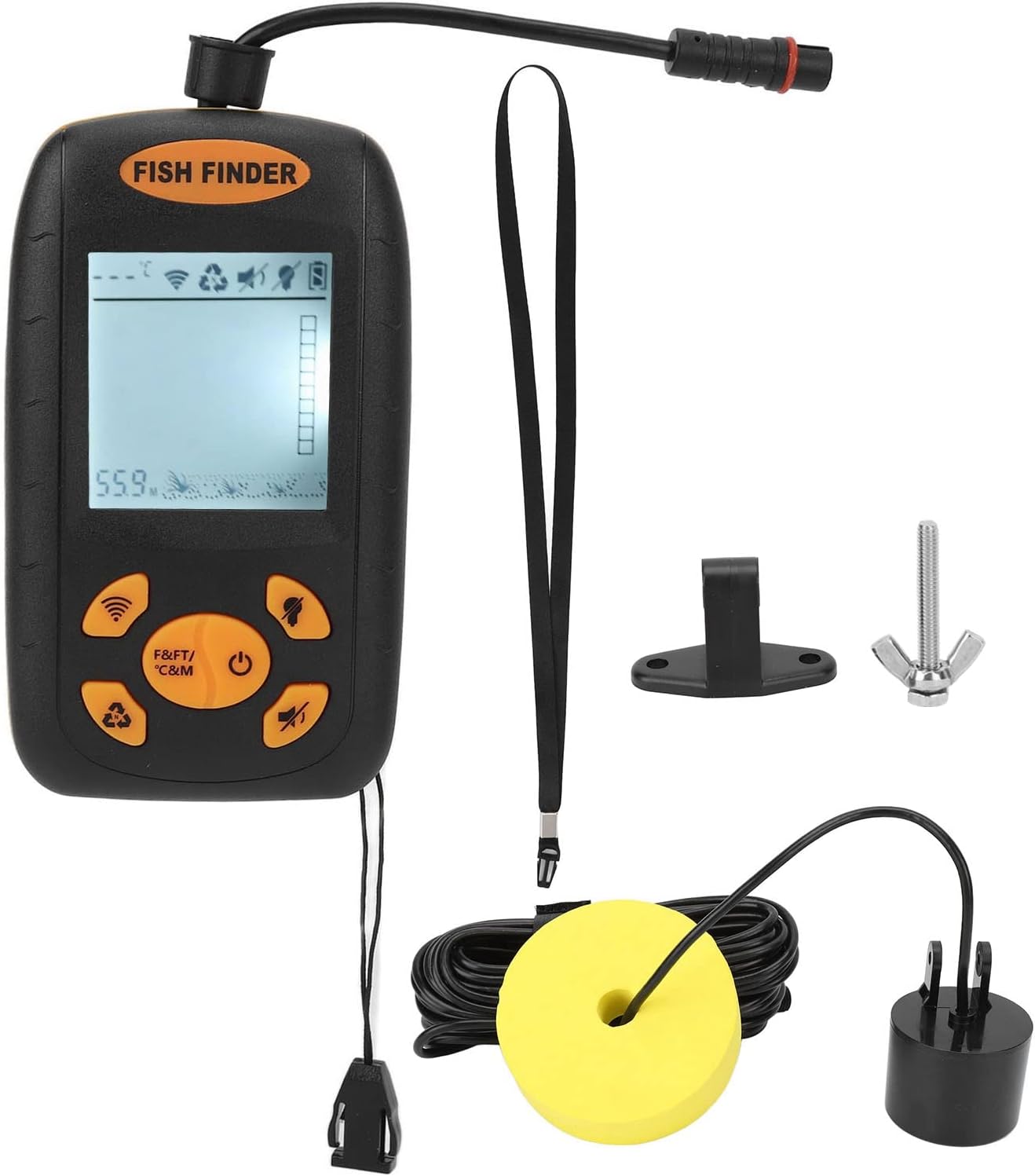 Generic Portable Fish Finder, Sonar Sensor Handheld Fish Depth Finder for Kayak Boat, Lake Fishing with Lanyard, 5 Level Sensitivity Adjustment, Fish Notification, 4-5 Hours Working