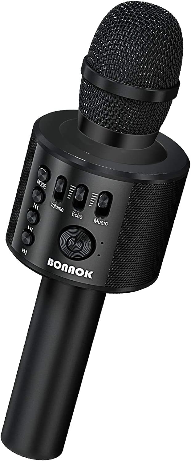 BONAOK Wireless Bluetooth Karaoke Microphone,3-in-1 Portable Instrument Wireless Microphone Mic Speaker Machine Home Party Birthday for All Smartphones(Black)