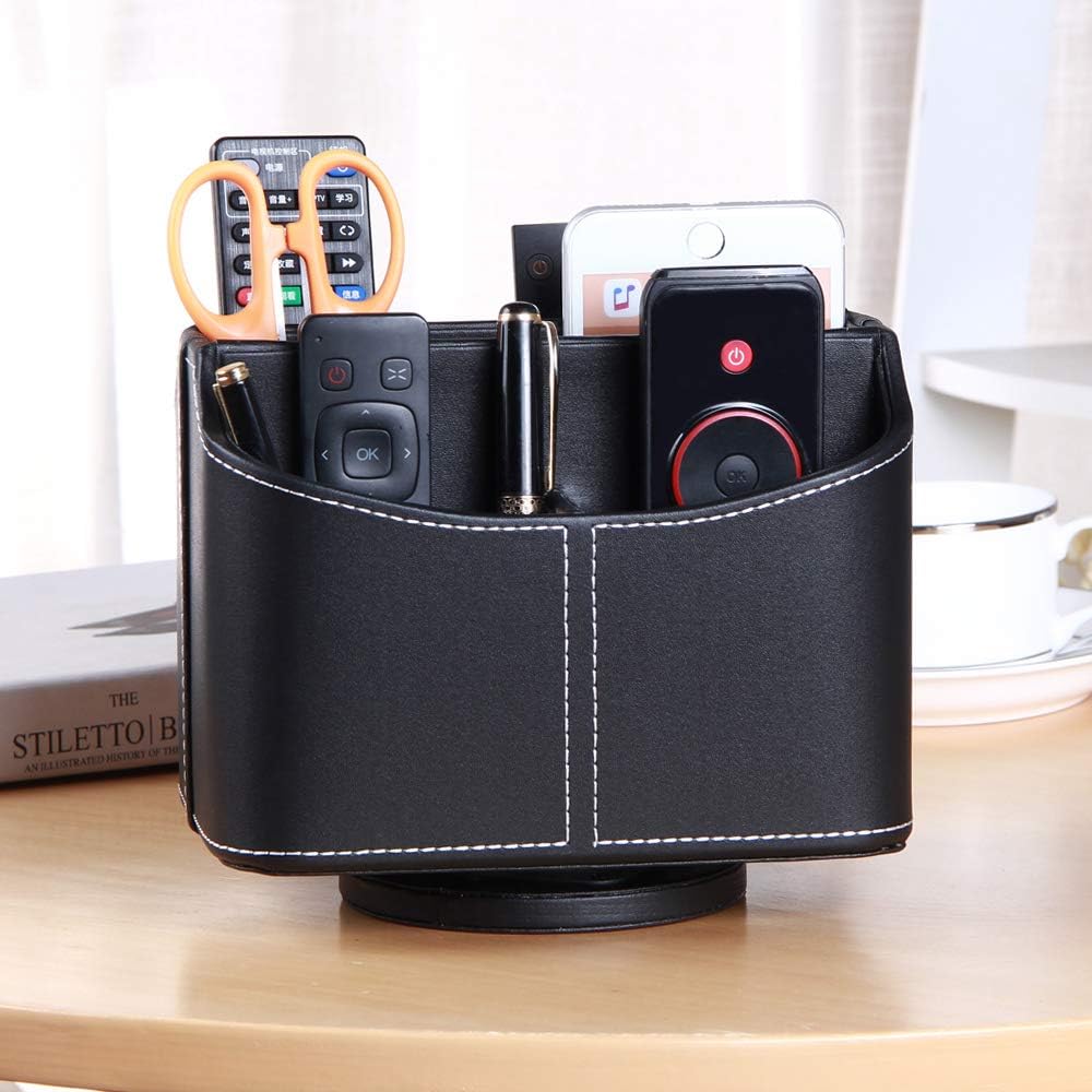 PUSU 360° Rotating Remote Control Holder Desk Organizer – PU Leather Spinning TV Caddy with 5 Compartments for Remotes, Stationery, Phone, iPad & Bedside Storage - PuriLite
