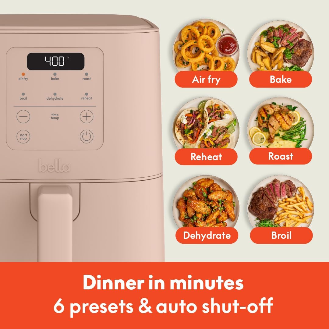 bella 4Qt Slim Air Fryer, Fits-anywhere Kitchenware, EverGood Ceramic Nonstick Coating, Adjustable Temperature, 6 Preset Cooking Options, 60 Min Auto Shutoff w Audible Tone, 3.3lb Capacity, Surf