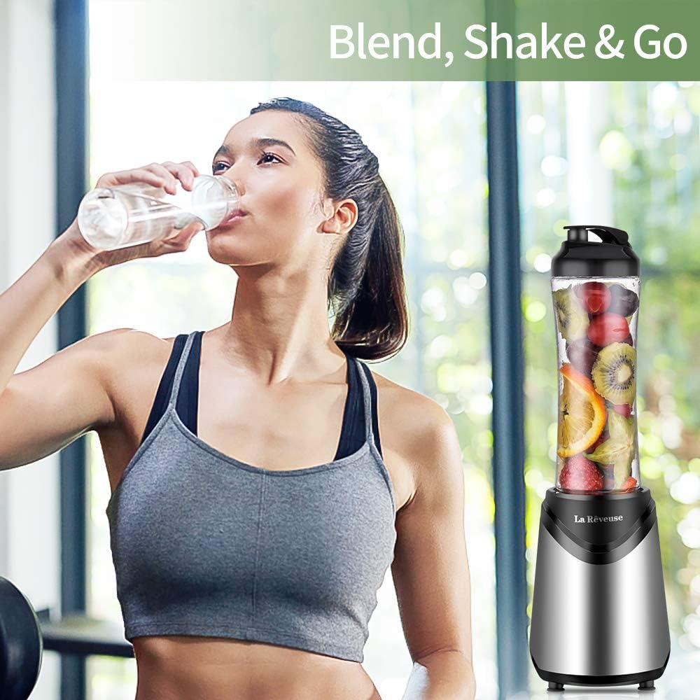 La Reveuse Smoothies Blender Personal Size 300 Watts with 2 Pieces 18 oz BPA Free Portable Travel Sports Bottles (Silver 2 Cups)