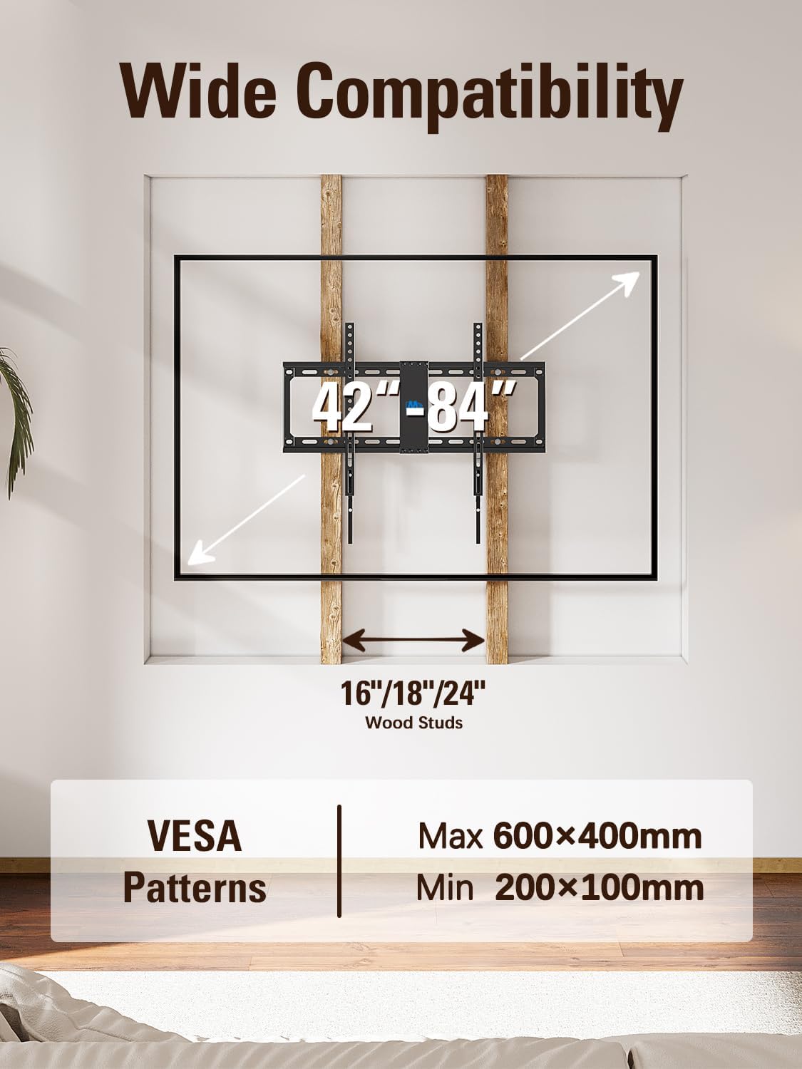 Mounting Dream Fixed TV Mount Low Profile for Most of 42-84 Inches TV Low Profile TV Wall Mount fits 16" 18" 24" Wood Studs up to VESA 600 x 400mm and 132 LBS, Ultra Slim and Space Saving MD2163-K