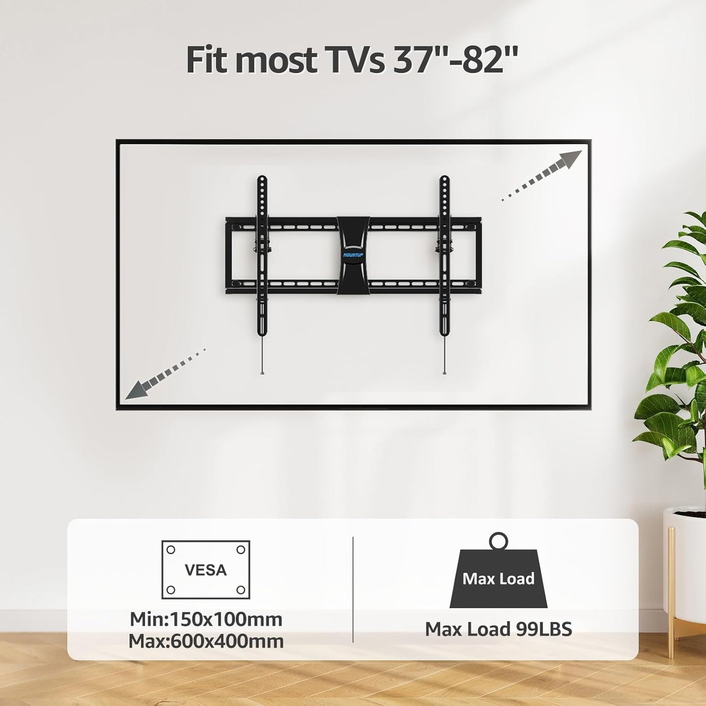 MOUNTUP UL Listed TV Wall Mount, Tilting TV Mount Bracket for Most 37-82 Inch Flat Screen/Curved Low Profile Wall Mount Saving Space Max VESA 600x400 mm Hold up to 99 lbs Fit 16" 18" 24" Stud MU0008