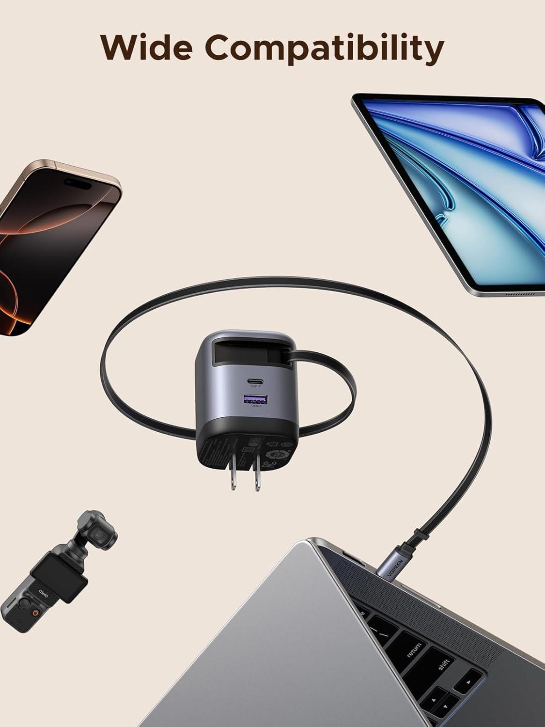 UGREEN 65W Retractable USB C Charger Block with Built-in Cable, GaN Fast Charging Wall Charger 2 Ports Compatible for iPhone 16 15 14, Galaxy S25 S24, Pixel 9 Pro 8 7, MacBook Pro/Air, iPad,Airpods