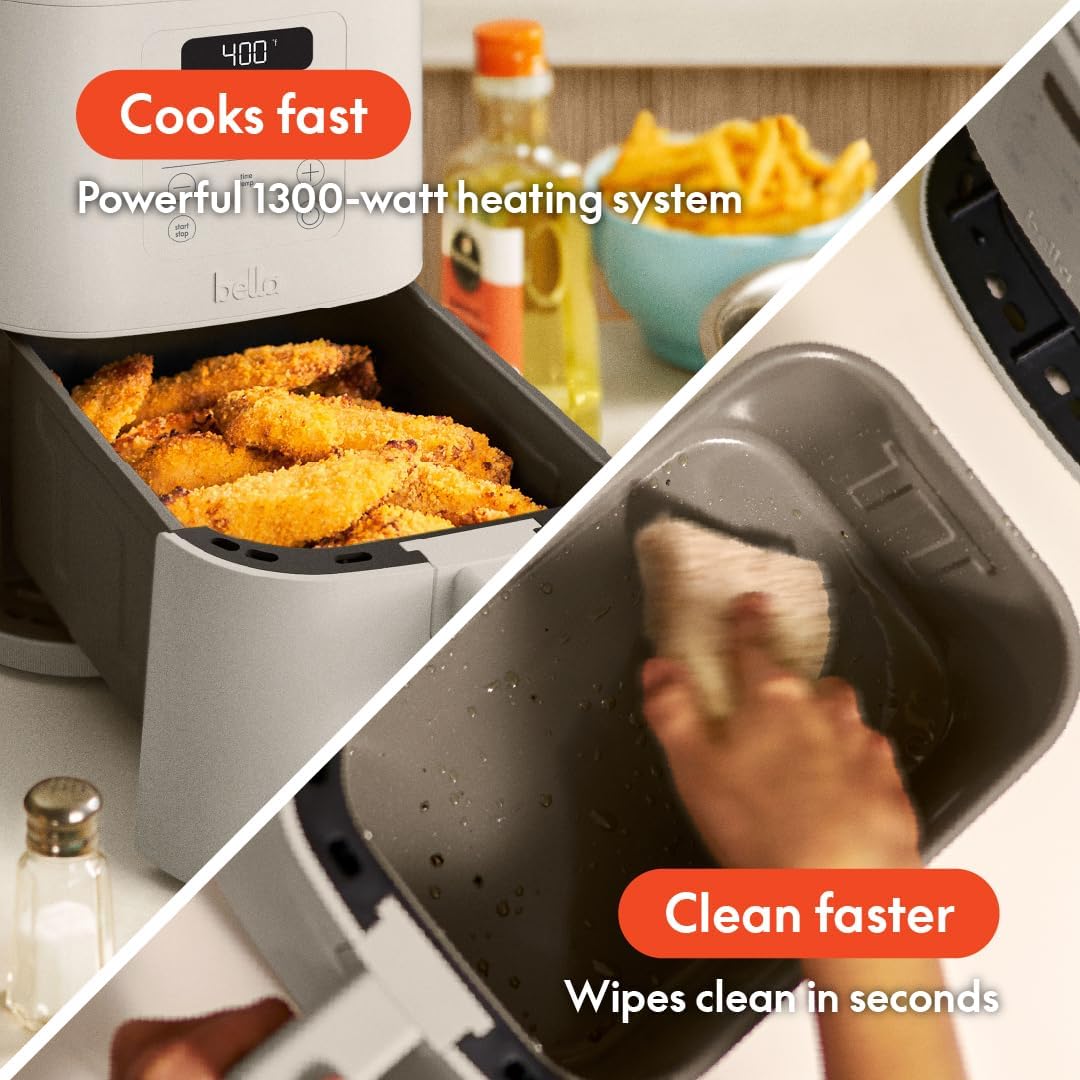 bella 4Qt Slim Air Fryer, Fits-anywhere Kitchenware, EverGood Ceramic Nonstick Coating, Adjustable Temperature, 6 Preset Cooking Options, 60 Min Auto Shutoff w Audible Tone, 3.3lb Capacity, Surf