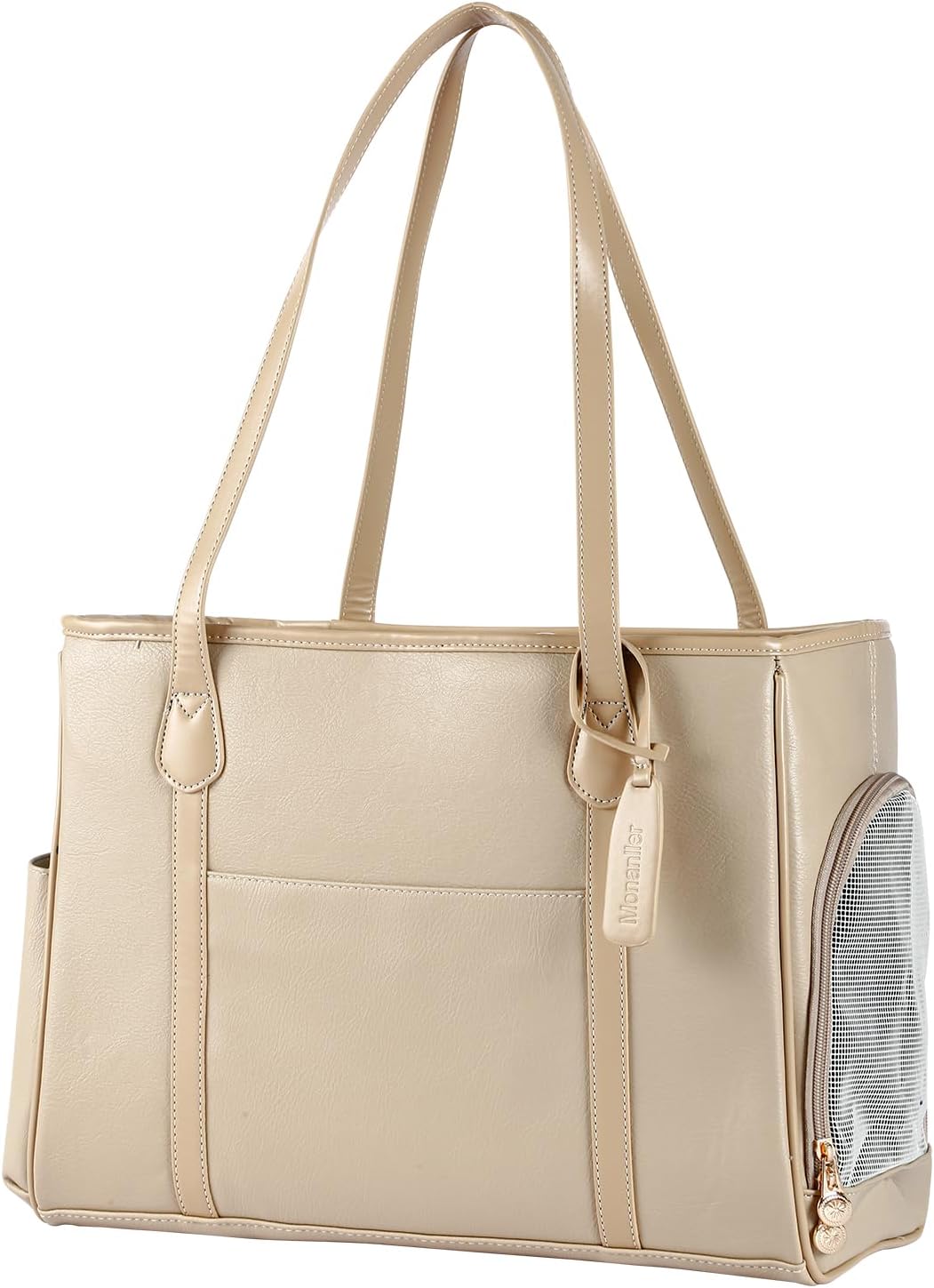 Monanller Stylish Dog Purse Carrier, Leather Pet Carrier Bag for Small Dogs Cats Puppy, Airline Approved Soft-Sided Carrier Beige