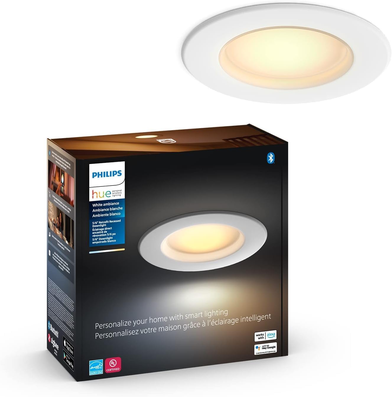 Philips Hue White & Color Ambiance 4" Smart LED Retrofit Can Downlight, Color Changing, Bluetooth & Zigbee Compatible (Hue Hub Optional), Smart Ceiling Lighting