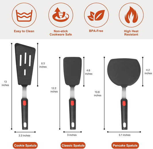 Hotec Silicone Spatula Turner for Nonstick Cookware, Flexible 600F Heat Resistant, Ideal for Flipping Eggs, Burgers, Pancakes, Crepes and More (3 Pack) - PuriLite