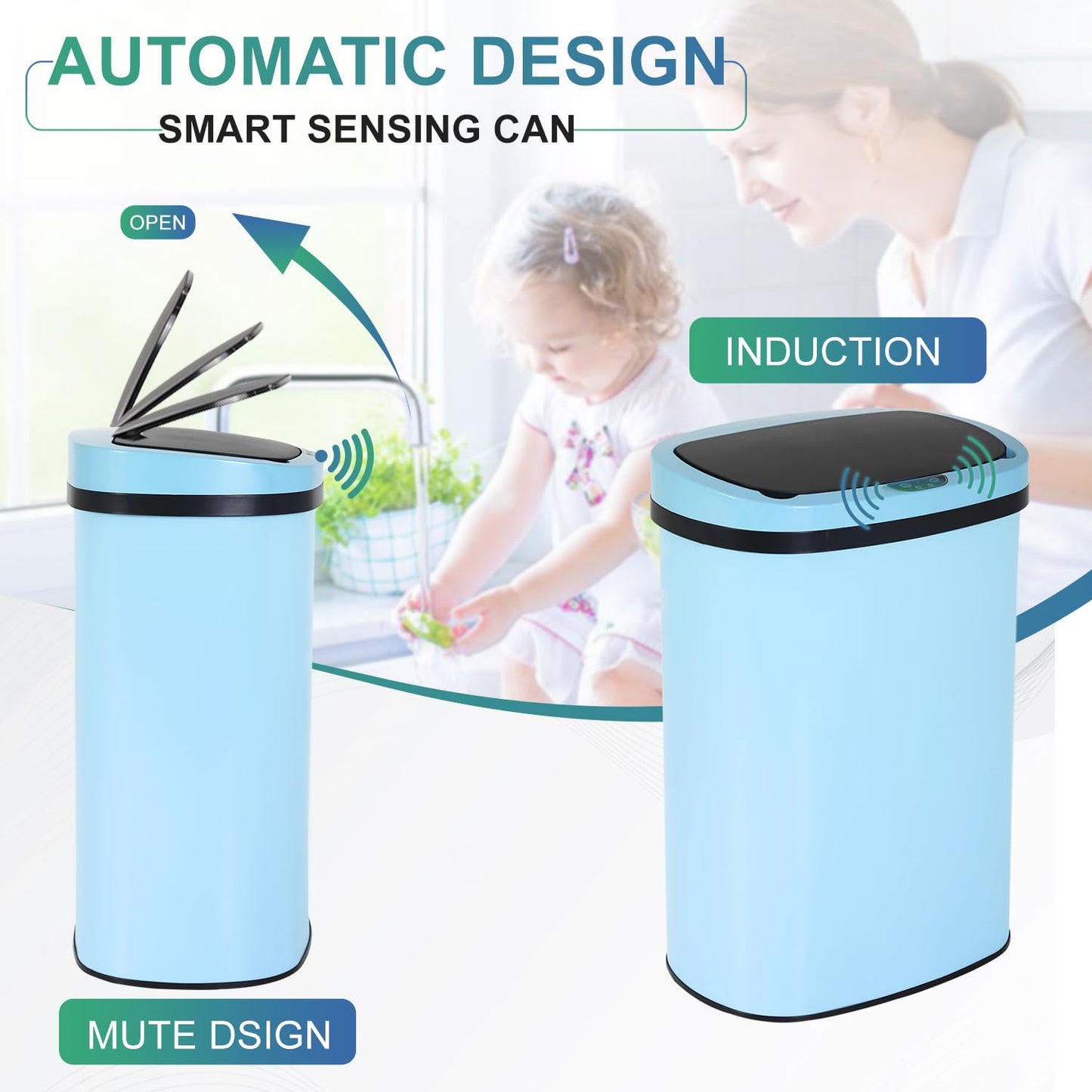 13 Gallon Sensor Garbage Can Stainless Steel Kitchen Garbage Can with Lid Antomatic Garbage can for Kitchen Office Bedroom Bathroom Living Room,Black