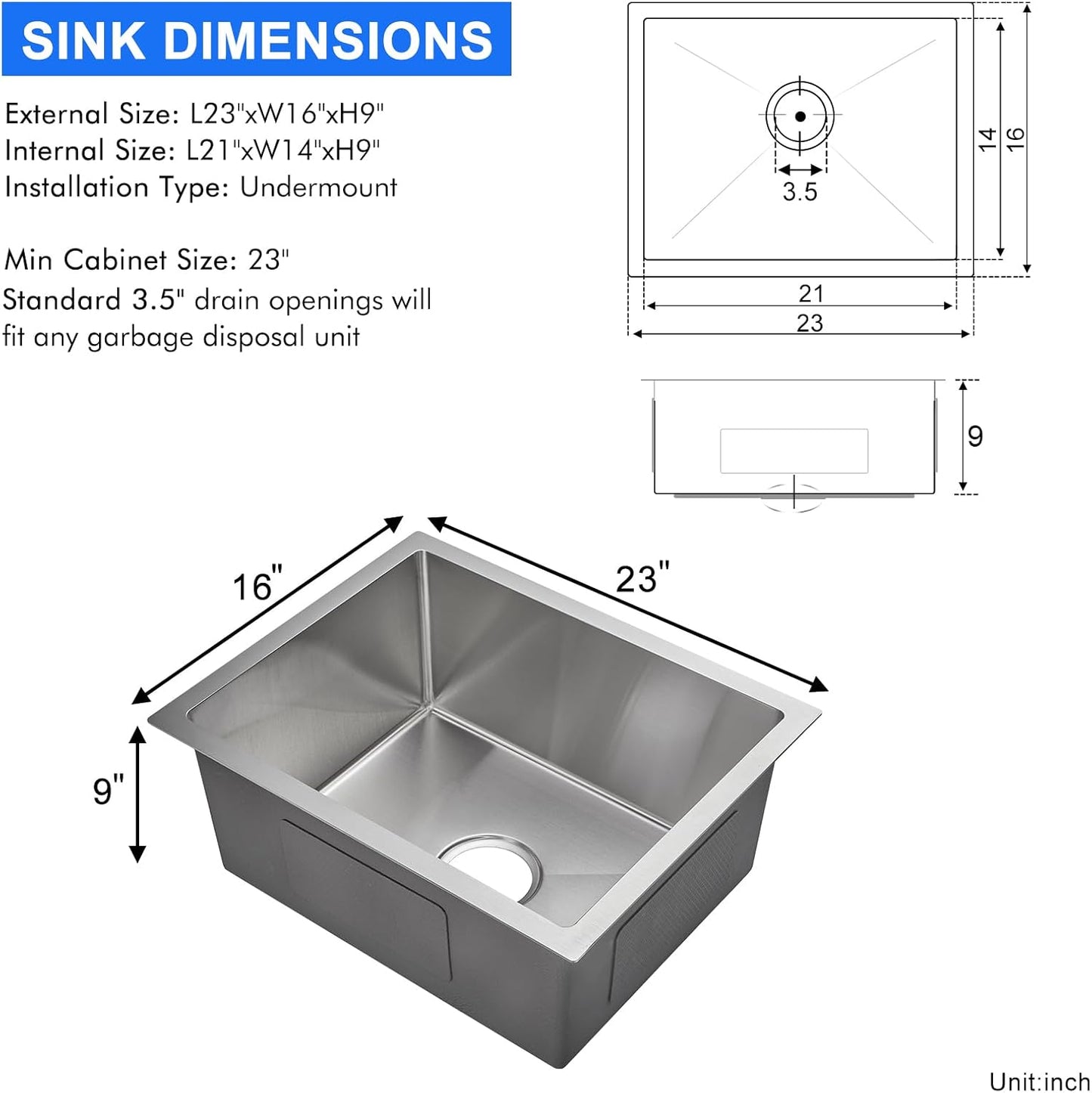 MENATT 20-inch Undermount Kitchen Sink, SUS304 Stainless Steel Handmade Single Bowl Kitchen Sink with Sink Strainer (Brushed), 20"x16"x9"
