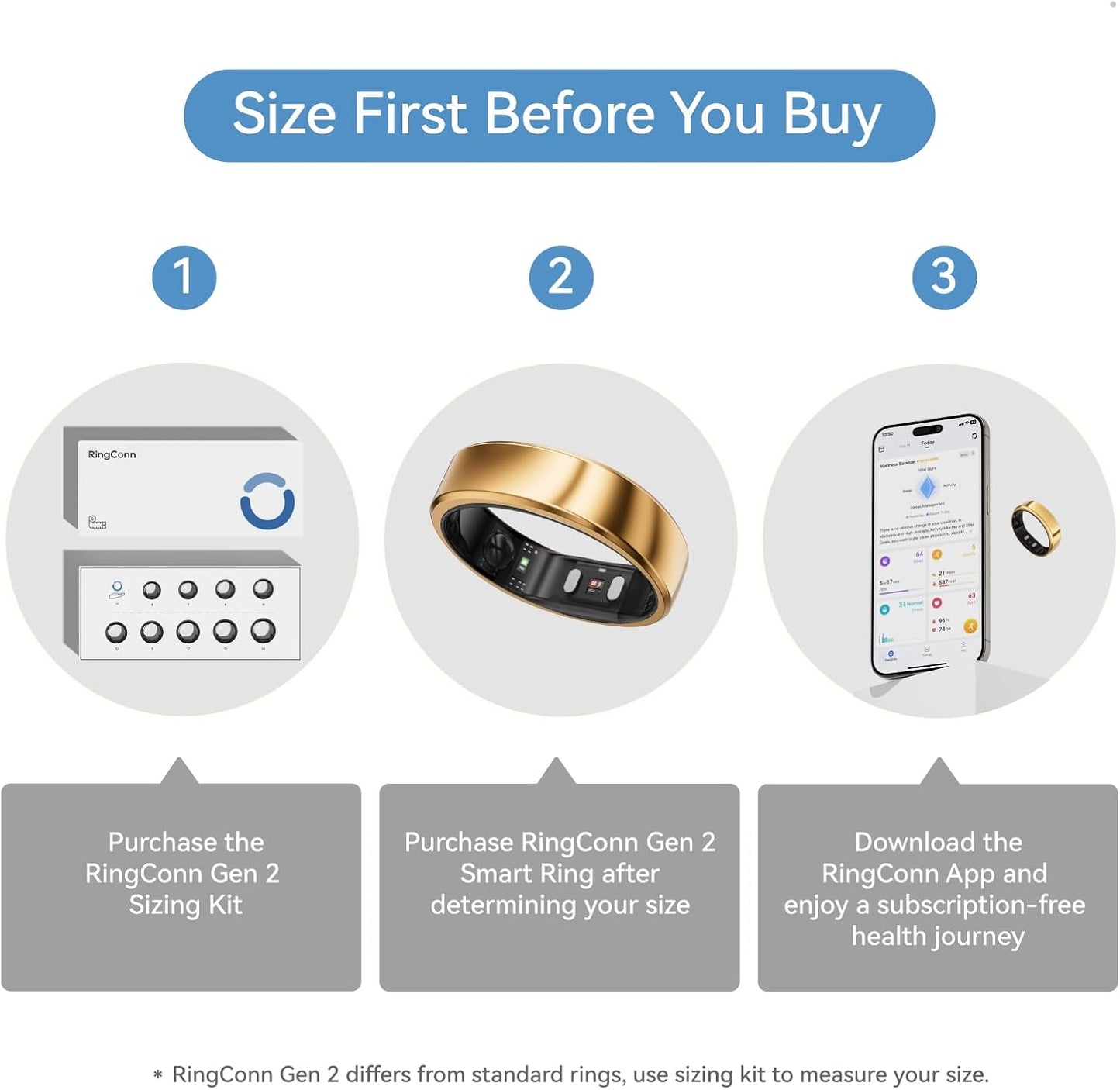 RingConn Gen 2 Smart Ring, No App Subscription, Size First with Sizing Kit, 12-Day Battery Life, Stress/Women's Health Tracker, Compatible with Android & iOS (Black, Size 8)