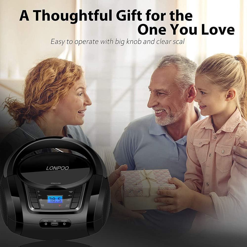 LONPOO Portable CD Player | Stereo Bluetooth Boombox | FM Radio Turn Knob | Auto Lid Open Button | Big LCD Display | Concealed Ports of USB/AUX/Earphone | Rear Power Protection Button (LP-D12)