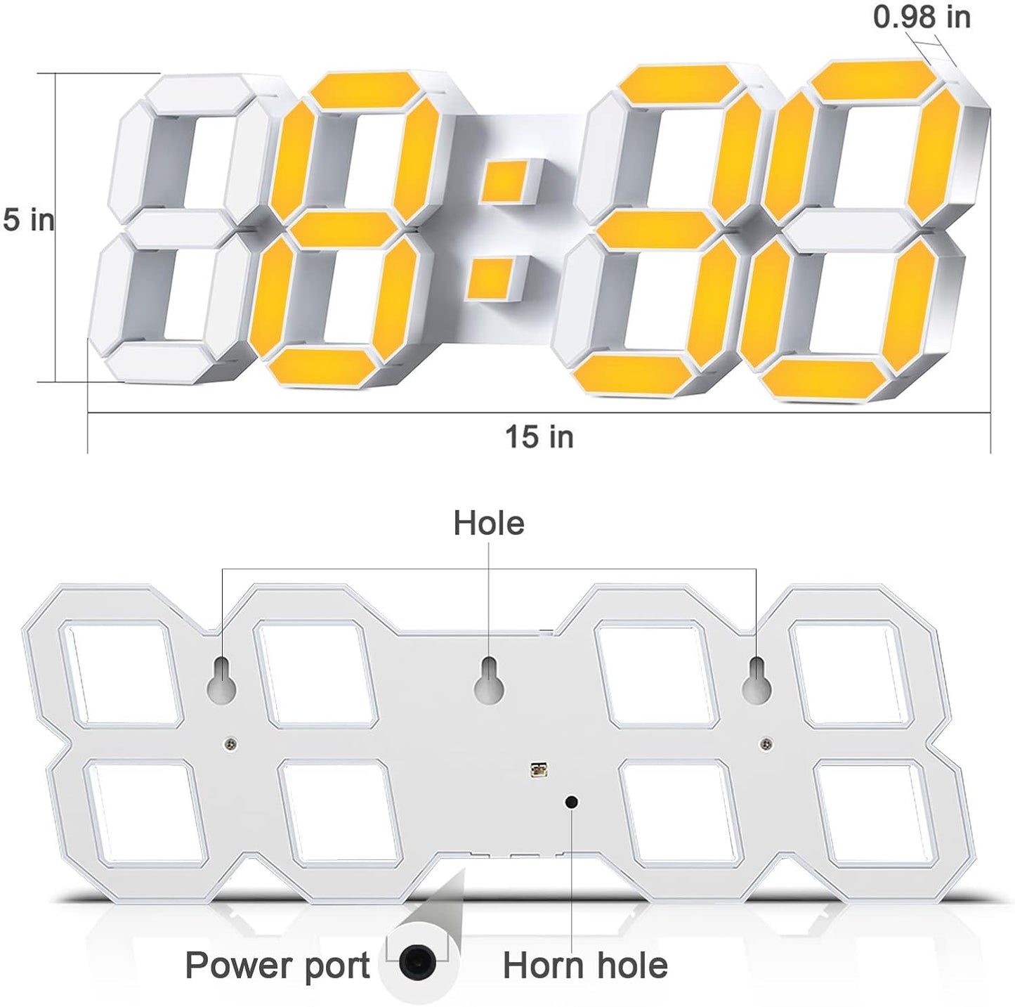 Deeyaple 3D LED Digital Wall Clock Modern Alarm Clock Adjust Brightness 12/24 Time Date Temperature Silent Snooze USB Night Light Remote Control Kitchen Bedroom Living Room Small 9.7 inch White