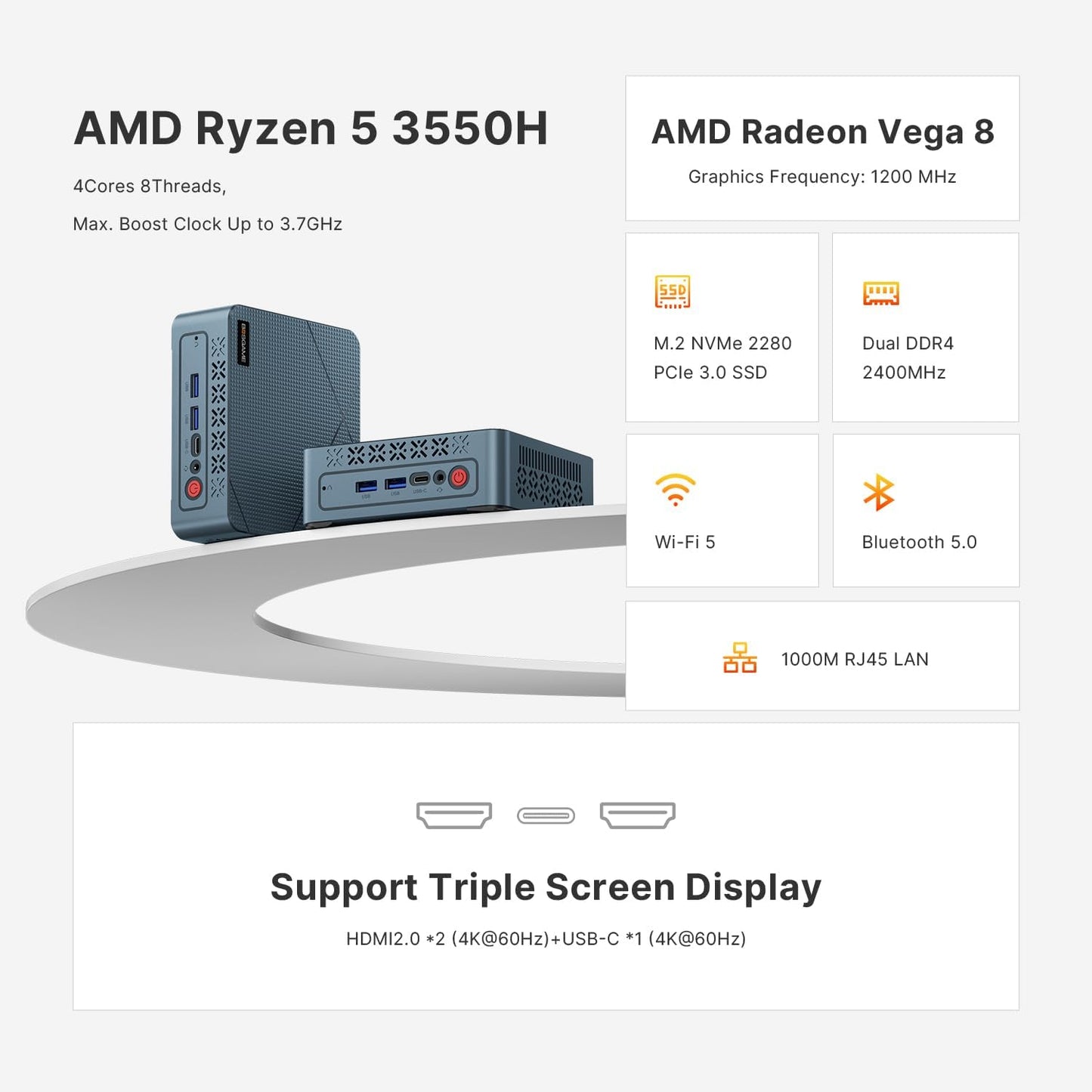 BOSGAME P4 Gaming Mini PC Ryzen 7 5700U 32GB RAM 1TB NVMe M.2 2280 SSD, 11-Pro OS Mini Computers, Micro PC 4K 60Hz Triple Display, HDMI+DP+Type-C, WiFi 6E, BT5.2, PD3.0, Dual 2.5GbE LAN