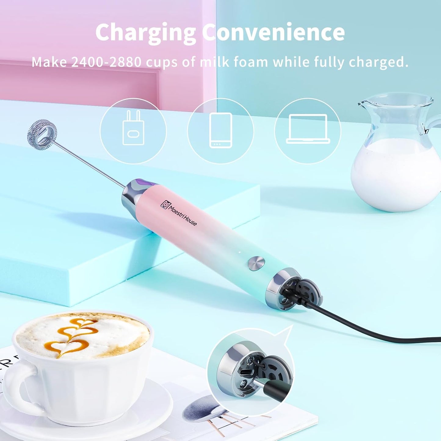 Maestri House Rechargeable Milk Frother, Handheld Electric Foam Maker Waterproof Detachable Stainless Steel Whisk Drink Mixer Foamer with Stand,LunaFro