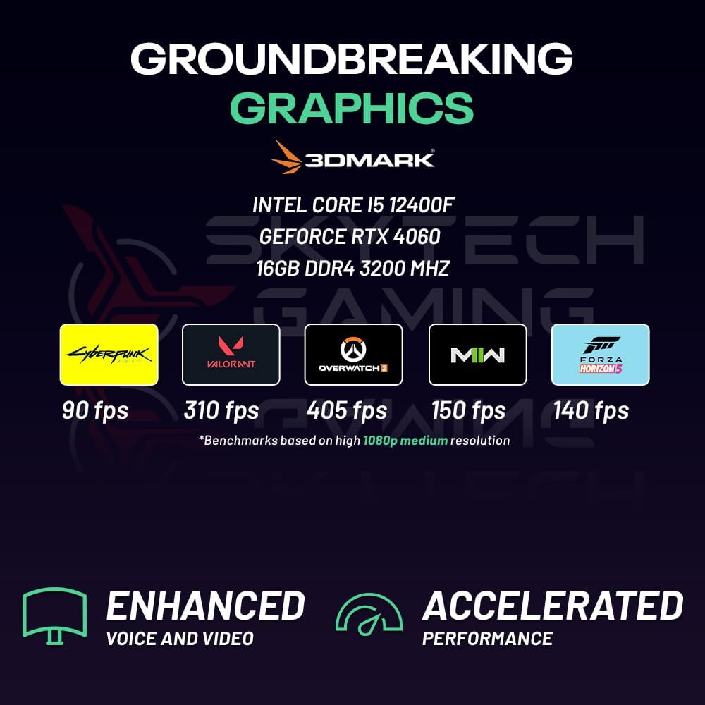 Skytech Nebula Gaming PC Desktop, Intel i5 14400F 2.5 GHz (4.7GHz Turbo), NVIDIA RTX 5060 8GB, 1TB NVMe SSD, 16GB DDR5 RAM 6000, 650W Gold PSU, Wi-Fi, Win 11