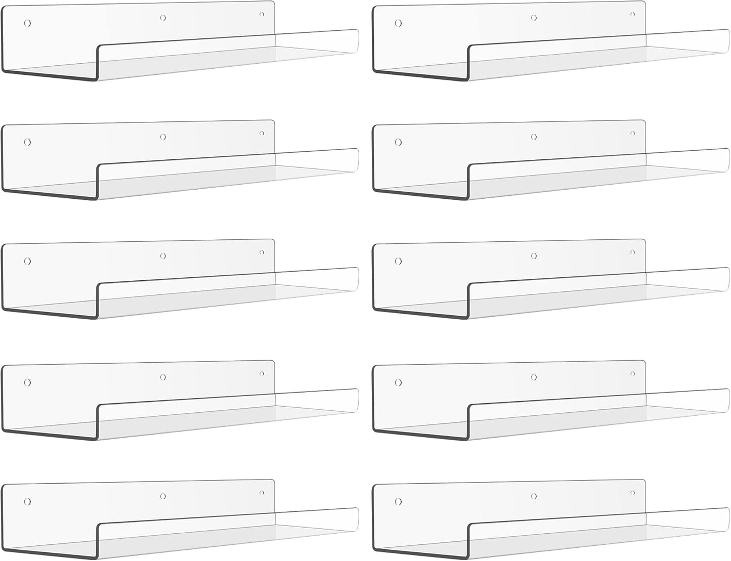 upsimples Clear Acrylic Shelves for Storage, 15" Floating Shelves Wall Mounted for Kids Bookshelf/Display Ledge for Bedroom, Living Room, Bathroom, Kitchen, Set of 4