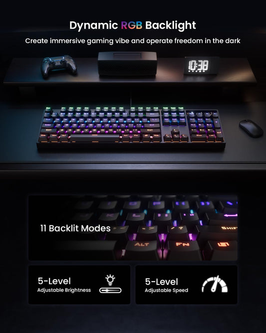 RGB Mechanical Gaming Keyboard Blue Switch, 104 Keys Full-Size Light Up Keyboard with 11 Backlit Modes, Anti-Ghosting, Double-Shot ABS Keycaps, USB Wired Computer Keyboard for Windows PC Gamer - PuriLite