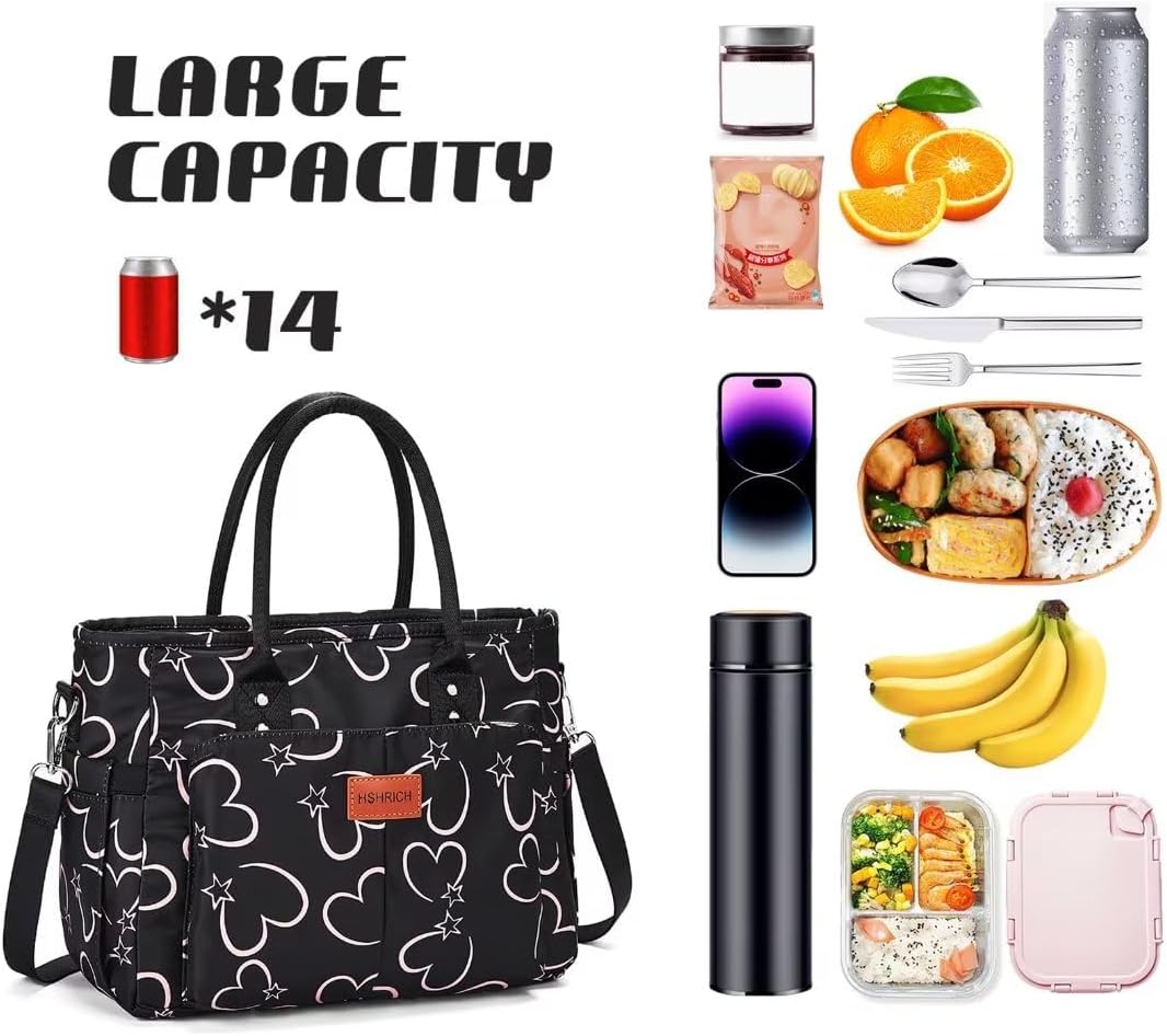 Lunch Bag for Women, Insulated Lunch Box for Work, Large Leakproof Cooler Purse with Side Pockets & Removable Shoulder Strap Women's Lunch Tote Bag for Picnic Work Beach Cute Lunch Bags (Heart)