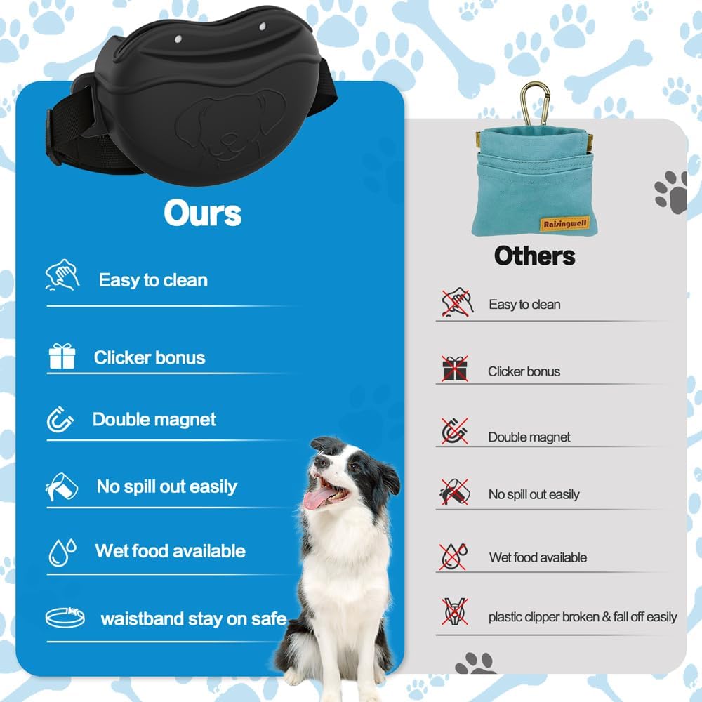 TUCANA Silicone Dog Treat Pouch for Pet Training – Upgraded 4 Strong Magnets Enhanced Magnetic Closure, Ease of Cleaning, Come with Adjustable Wasit Belt and Effective Dog Clicker