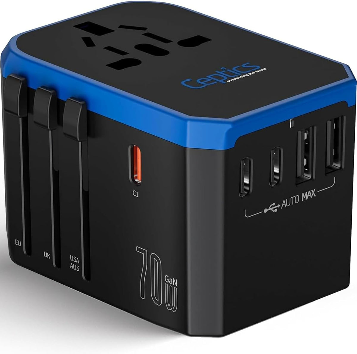 Ceptics 70W World International Travel Plug Adapter - Powerful GaN Tech with Pd & QC 3.0 Dual 3X USB-C Power - 2 USB Ports Wall Charger Type I C G A Outlets 110V 220V A/C - EU Euro US UK (70-KU)