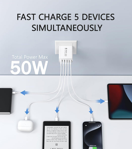 50W USB C Wall Charger, 5-Port Fast Charging Block, USB C Wall Charger Type C Multiport Brick Portable USB C Block for iPhone 16/15/14/13 Pro Max, MacBook Pro/Air, iPad, for Samsung Galaxy - PuriLite