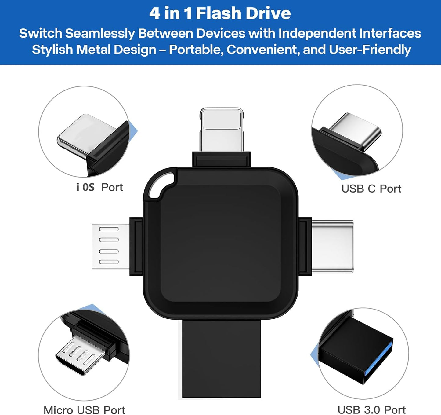 LANSLSY 256GB 4 in 1 Flash Drive for iPhone USB Flash Drive Memory Stick,Silver Photo Stick for iPhone/i- pad/Android/PC