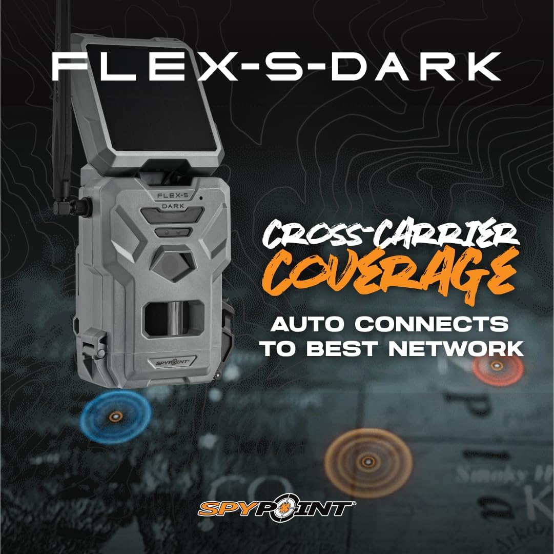SPYPOINT Flex-S Dark Ultimate Pack Solar Outdoor Cellular Trail Camera - Integrated Solar Panel, No WiFi Needed, Night Vision Motion Activated, Dual-Sim LTE, 40MP Photos and 1080p w/Sound