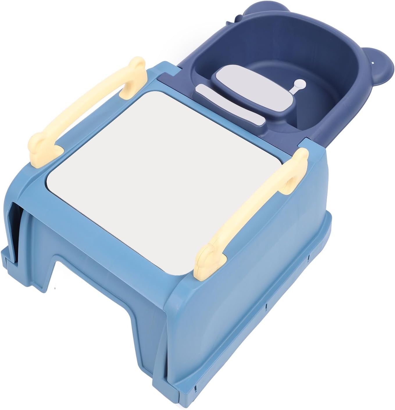 Foldable Baby Shampoo Chair, Adjustable Length Kids Hair Washing Bath Seat with Shampoo Basin and Head Cushion Soft Armrests, Non Slip Bath Chair for Children (Blue)