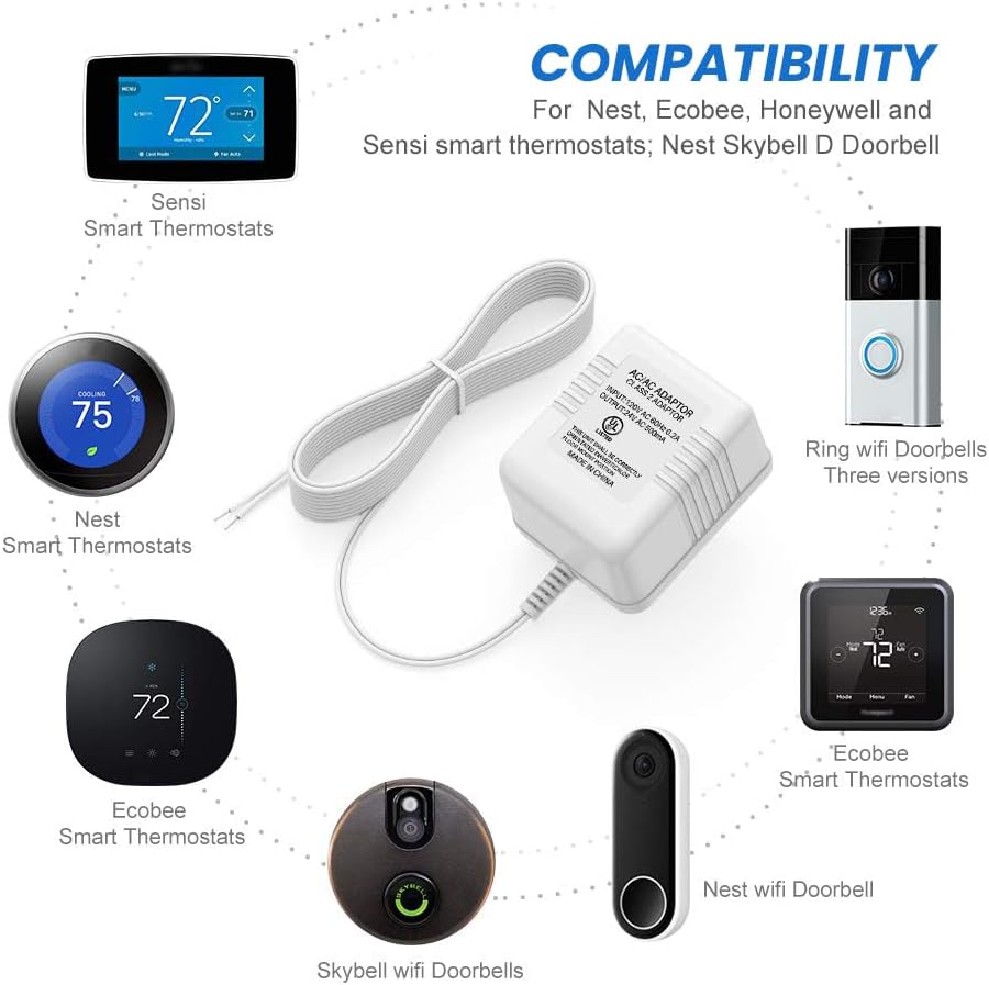 Xwartre Thermostat C Wire 24V Transformer, White Adapter Compatible with Honeywell, Nest, Emerson, Ecobee, Wyze Thermostat and Most Doorbells (7.9m Power Cable)