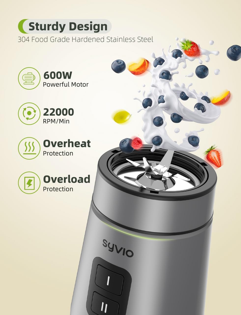 Smoothie Blender Syvio 600W,Juice and Shakes,Personal Blender with 2 Speed Control, Mini Blender with 2 BPA-Free 20 Oz Portable Blender Cups,Nutritious Recipe,Personal Blenders for Smoothies Shake