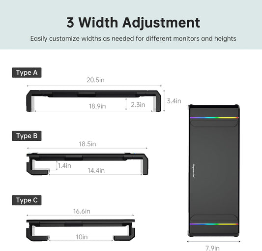 Adjustable Monitor Stand with RGB Light | Foldable Desk Riser with Storage and Organizer for Computer, Laptop, and Printer