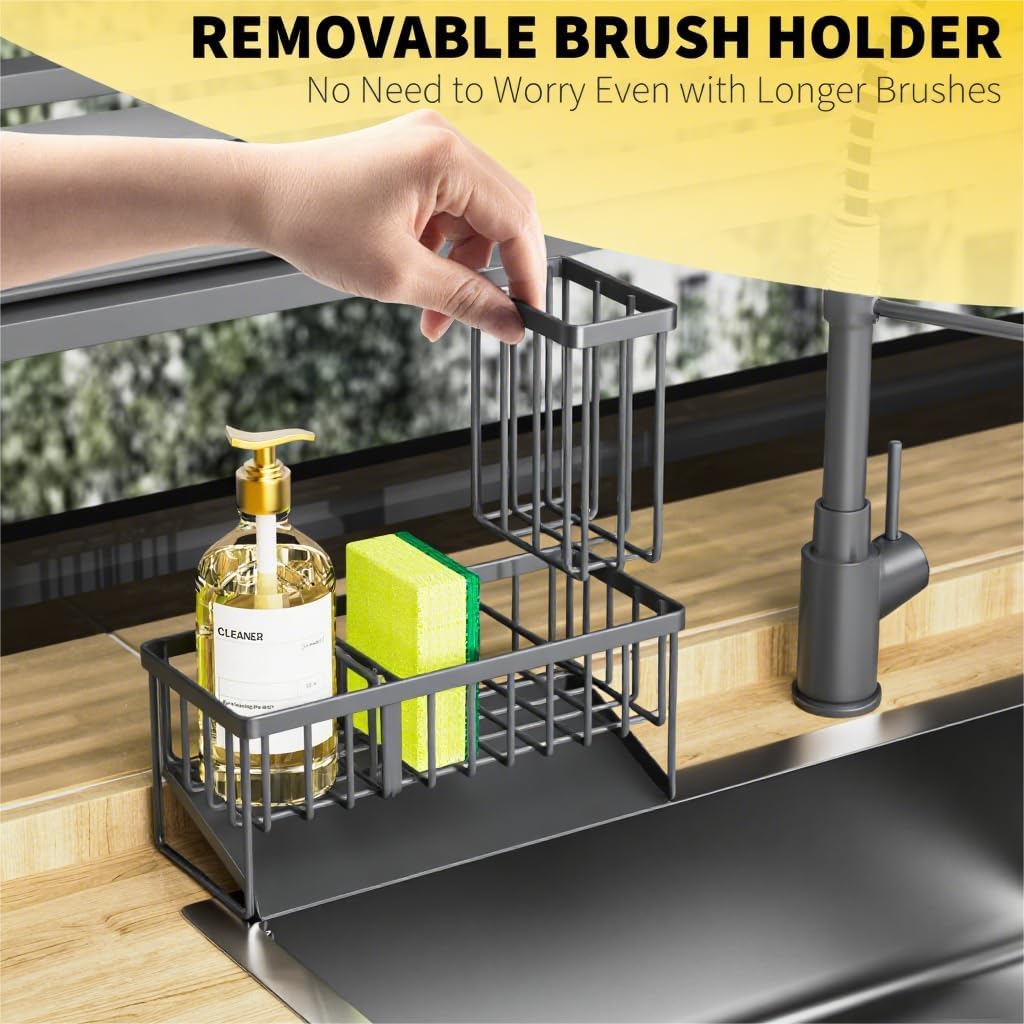 Cisily Kitchen Sink Caddy Organzier with High Brush Holder, Sponge Holder for Sink, 304 Rustproof Stainless, Kitchen Countertop Soap Dispenser Organizer, Kitchen Decor and Accessories (Black)