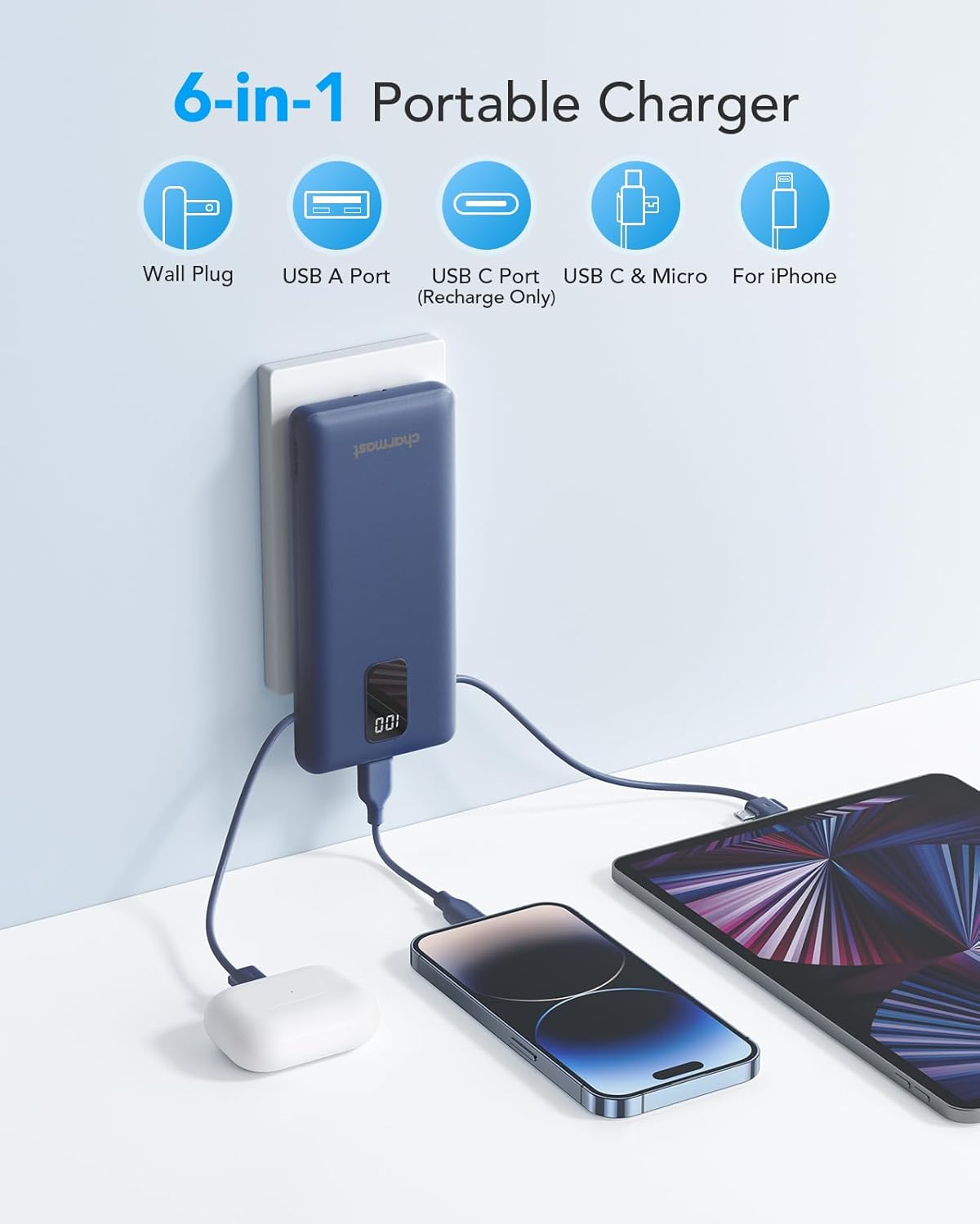 Charmast 10000mAh Portable Charger with Built-in Cables and AC Wall Plug,USB C Battery Pack Power Bank,5 Output 2 Input Battery Pack Compatible with iPhone 16/15/14/13/12,Andriod Series