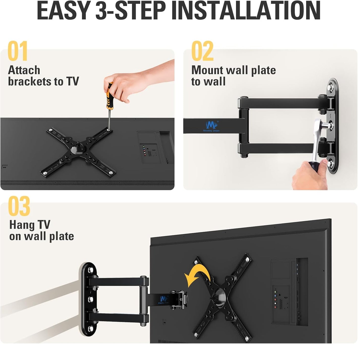 Mounting Dream TV Mount for Most 26-55 Inch TVs, Full Motion TV Wall Mount with Perfect Center Design on Single Stud Articulating Mount Max VESA 400x400mm up to 77 LBS, MD2413-MX