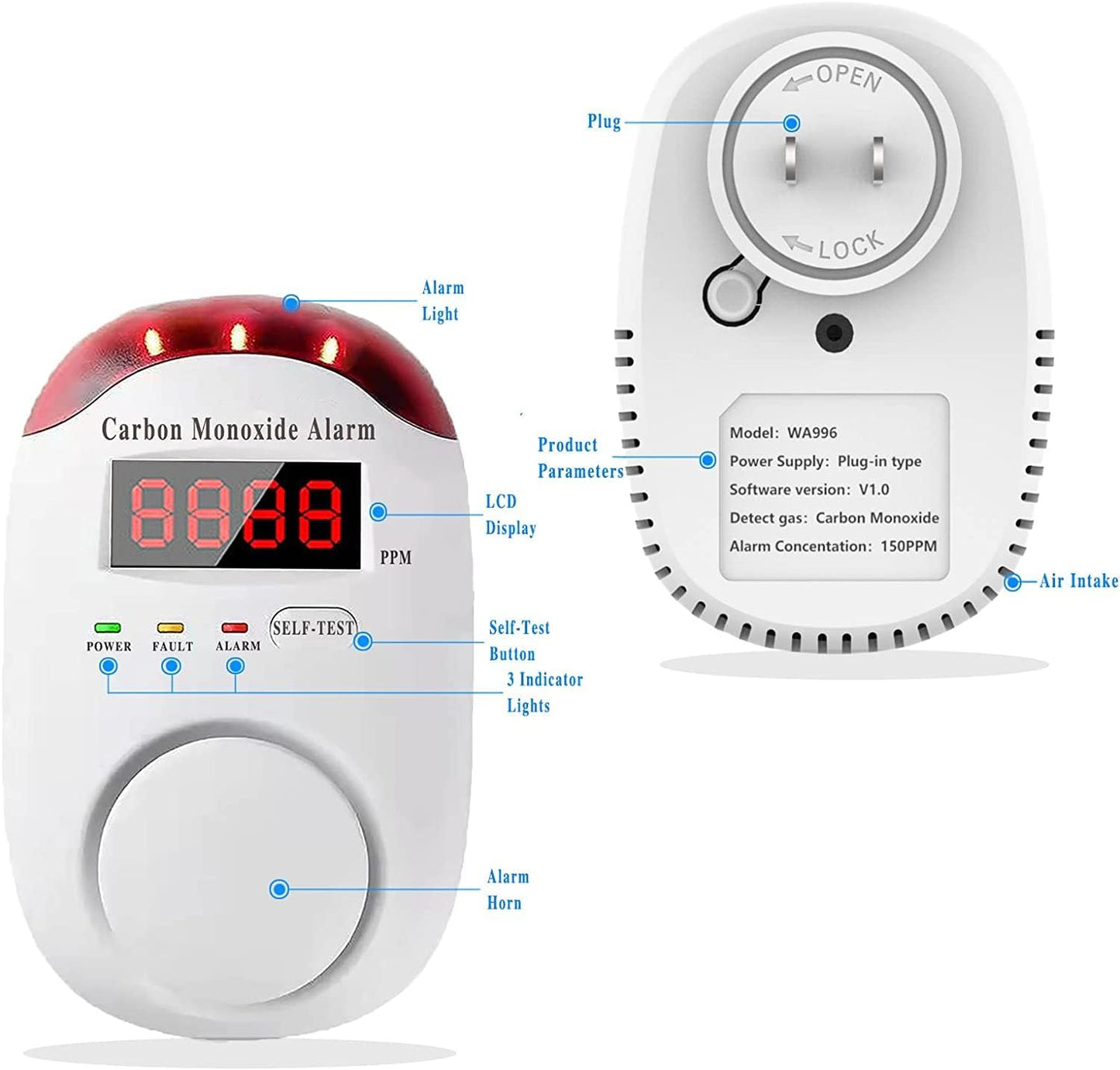 DYWL SECURITY Carbon Monoxide Detectors Portable Carbon Monoxide Detector for Travel Carbon Monoxide Detector Plug in Wall with LED Digital Display Voice Light Plug and Play - 1 Pack