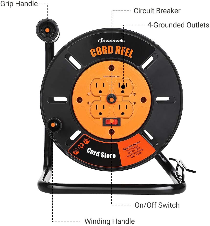DEWENWILS Extension Cord Storage Reel with 4-Grounded Outlets, Heavy Duty Open Cord Reel for 12/3,14/3,16/3 Gauge Power Cord, Hand Wind Retractable, 10A Circuit Breaker, Rocker Power Switch