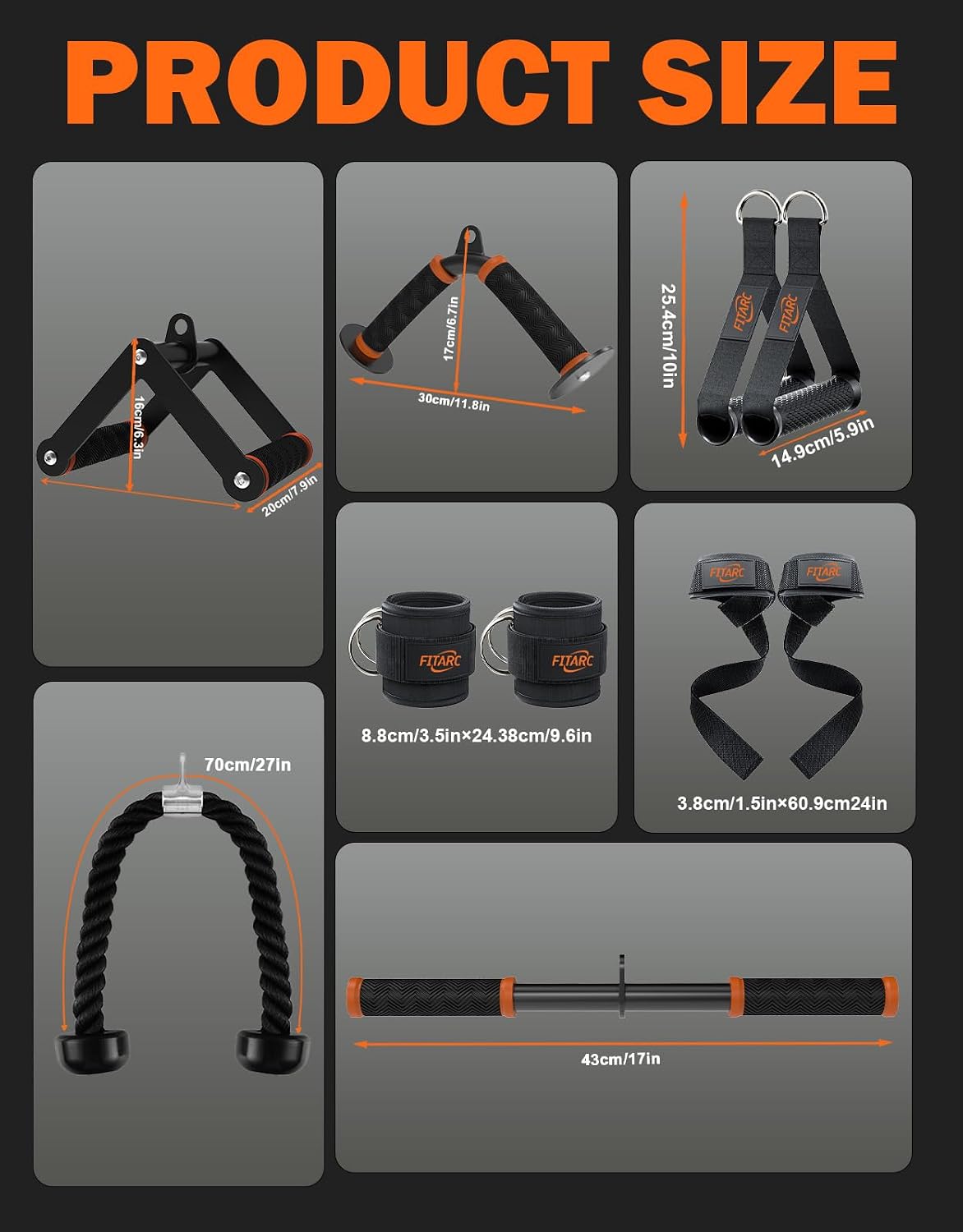 Fitarc Cable Machine Attachment Set for Home Gym, LAT Pulldown & Tricep Pushdown Attachments with D Handle, V Bar, Tricep Rope, Straight Bar, Stirrup Handles, Ankle Strap & Lifting Straps