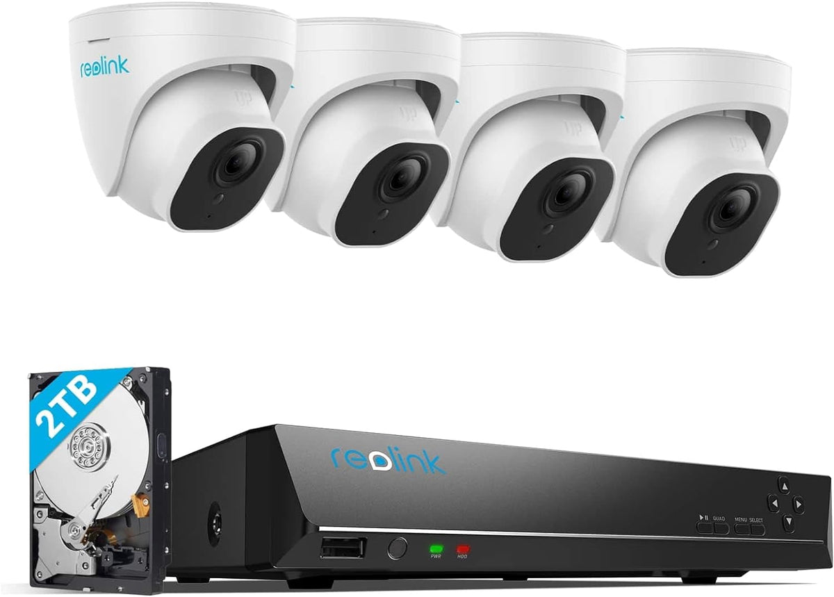 Reolink 4K PoE Security Camera System, 4pcs H.265 PoE IP Wired Turret 4K Cameras with Person Vehicle Detection, Waterproof, 8CH NVR with 2TB HDD for Home Surveillance 24-7 Recording, RLK8-800D4 - PuriLite