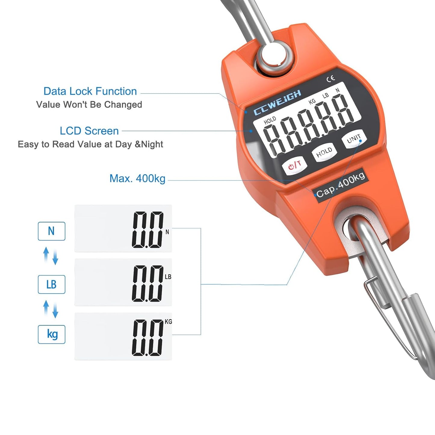 Digital Hanging Scale 881 Lb 400 Kg Hanging Digital Scale, Handheld Mini Crane Scale with Hooks for Farm Hunting Fishing Outdoor