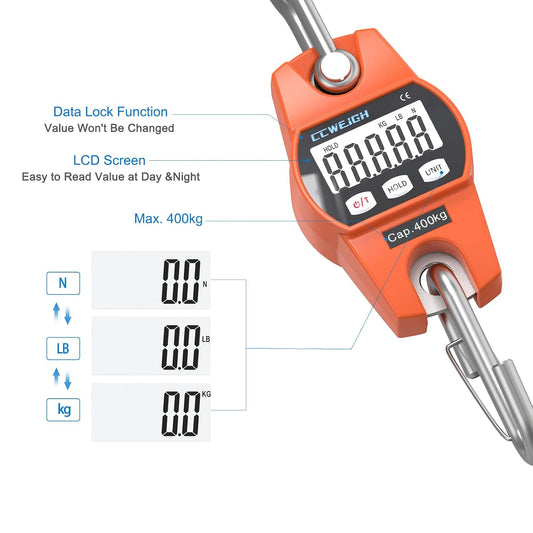 Digital Hanging Scale 881 Lb 400 Kg Hanging Digital Scale, Handheld Mini Crane Scale with Hooks for Farm Hunting Fishing Outdoor - PuriLite